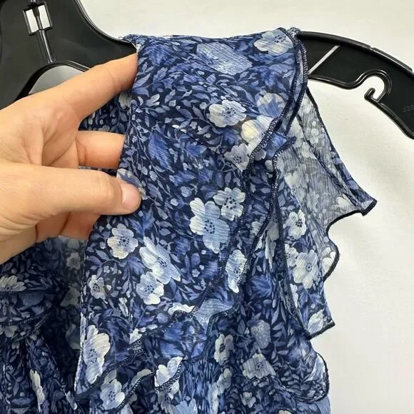 Y2K Oscar De La Renta Blue Floral Ruffle Short Flutter Sleeve Blouse Size 8 - Picture 12 of 14